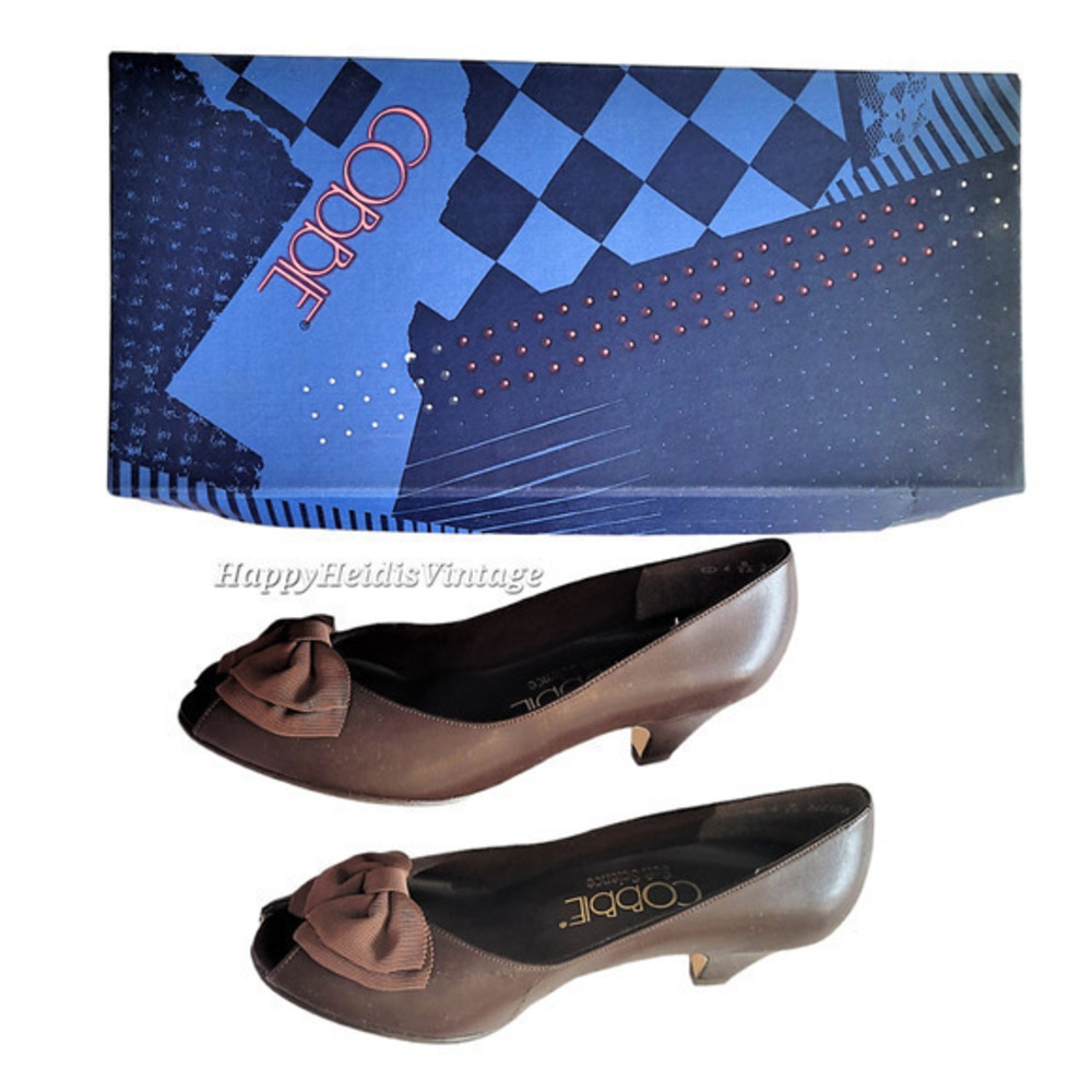 Vintage Cobbie Brown Felicity Dark‎ Academia Open Toe Bow Pump Shoes